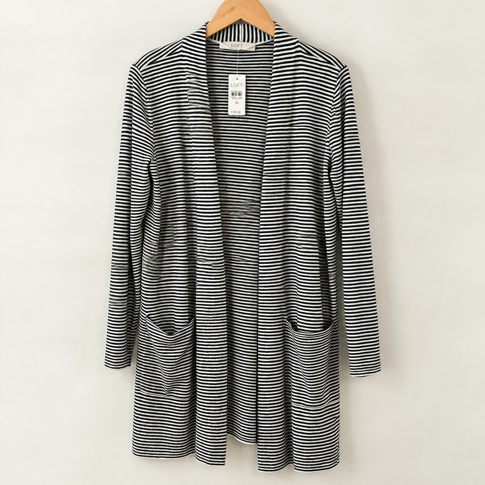 LOFT Coastal Grandma Striped Longline Cardigan Women Medium Nautical Preppy